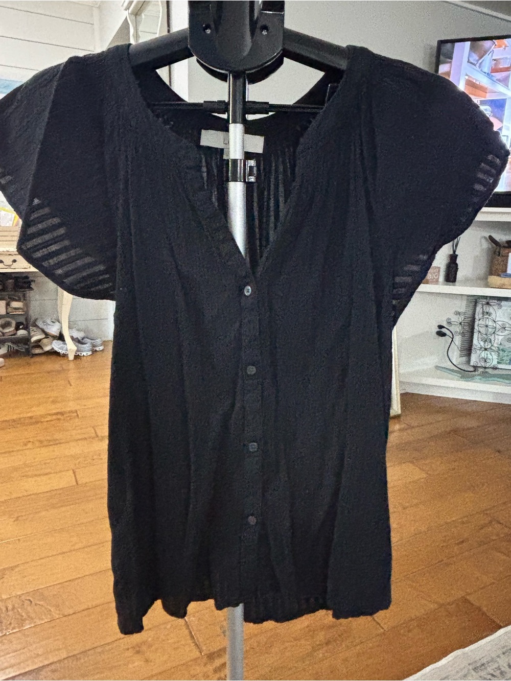 LOFT Black Button-Front Flutter Sleeve Top